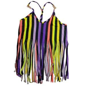 Love Chain Women’s 3XL Halter Top Colorful Striped Fringe Stretch Festival NWOT